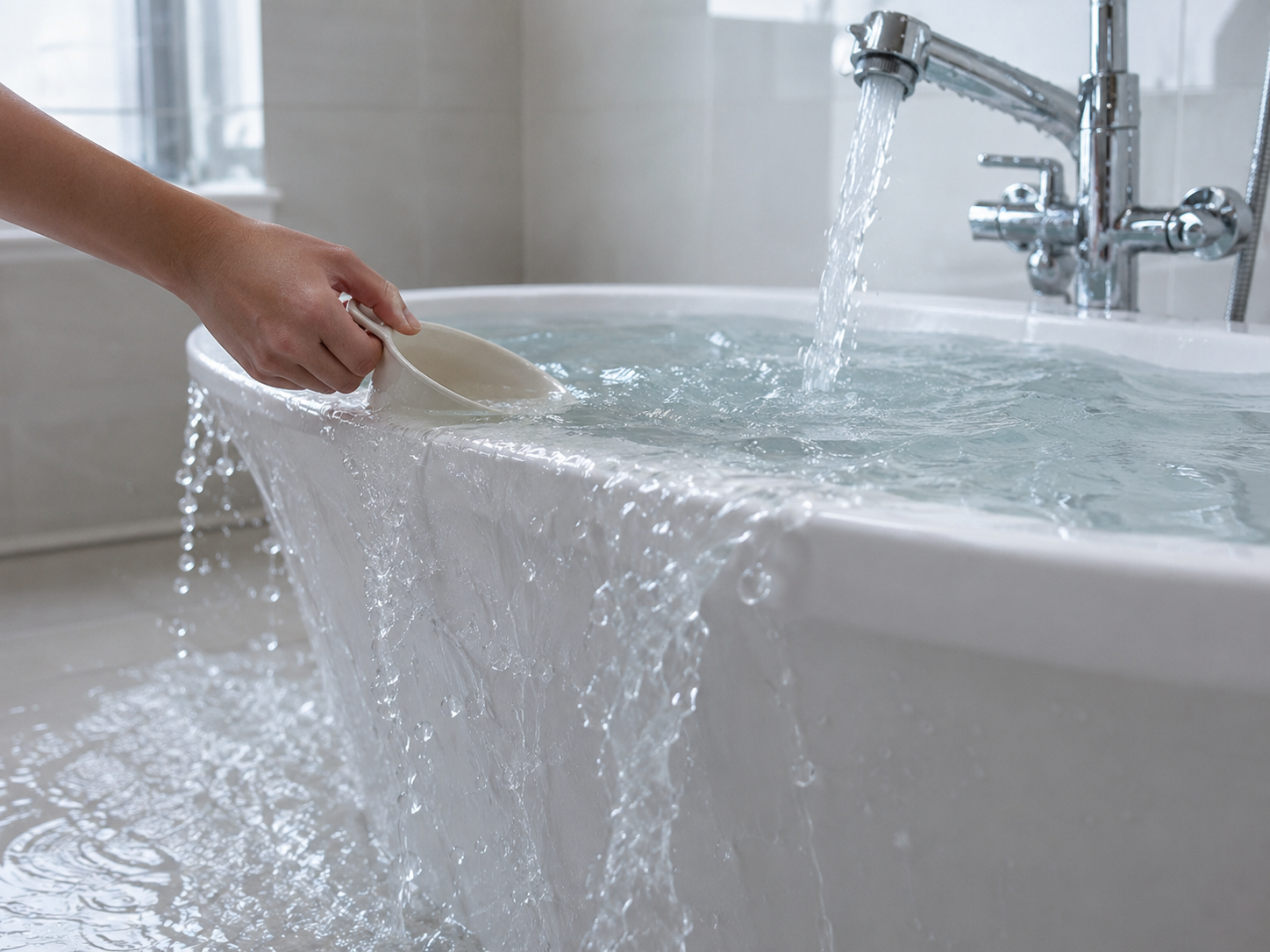 Überlaufende Badewanne mit laufendem Hahn als Sinnbild